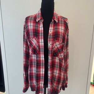 Express Women's Red and Black Plaid Button Down Shirt